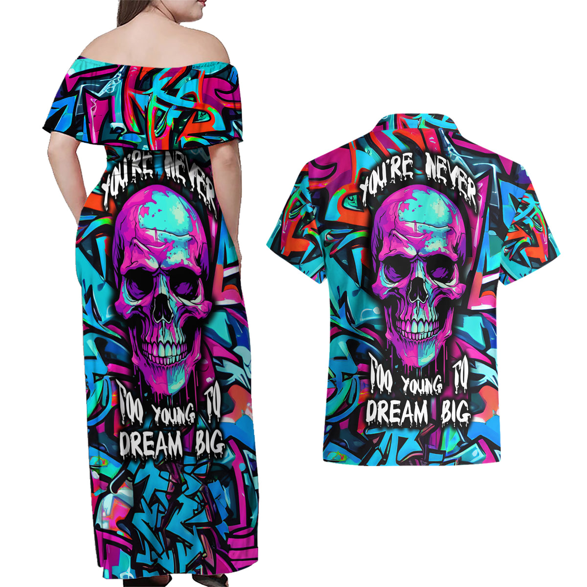 Skull Grafity Couples Matching Off Shoulder Maxi Dress and Hawaiian Shirt You Are Never Too Young To Dream Big - Wonder Print Shop
