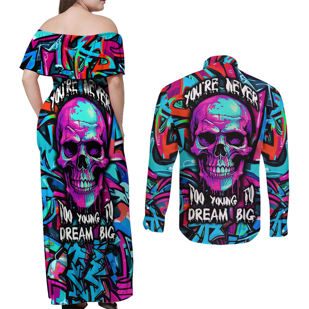 Skull Grafity Couples Matching Off Shoulder Maxi Dress and Long Sleeve Button Shirts You Are Never Too Young To Dream Big - Wonder Print Shop