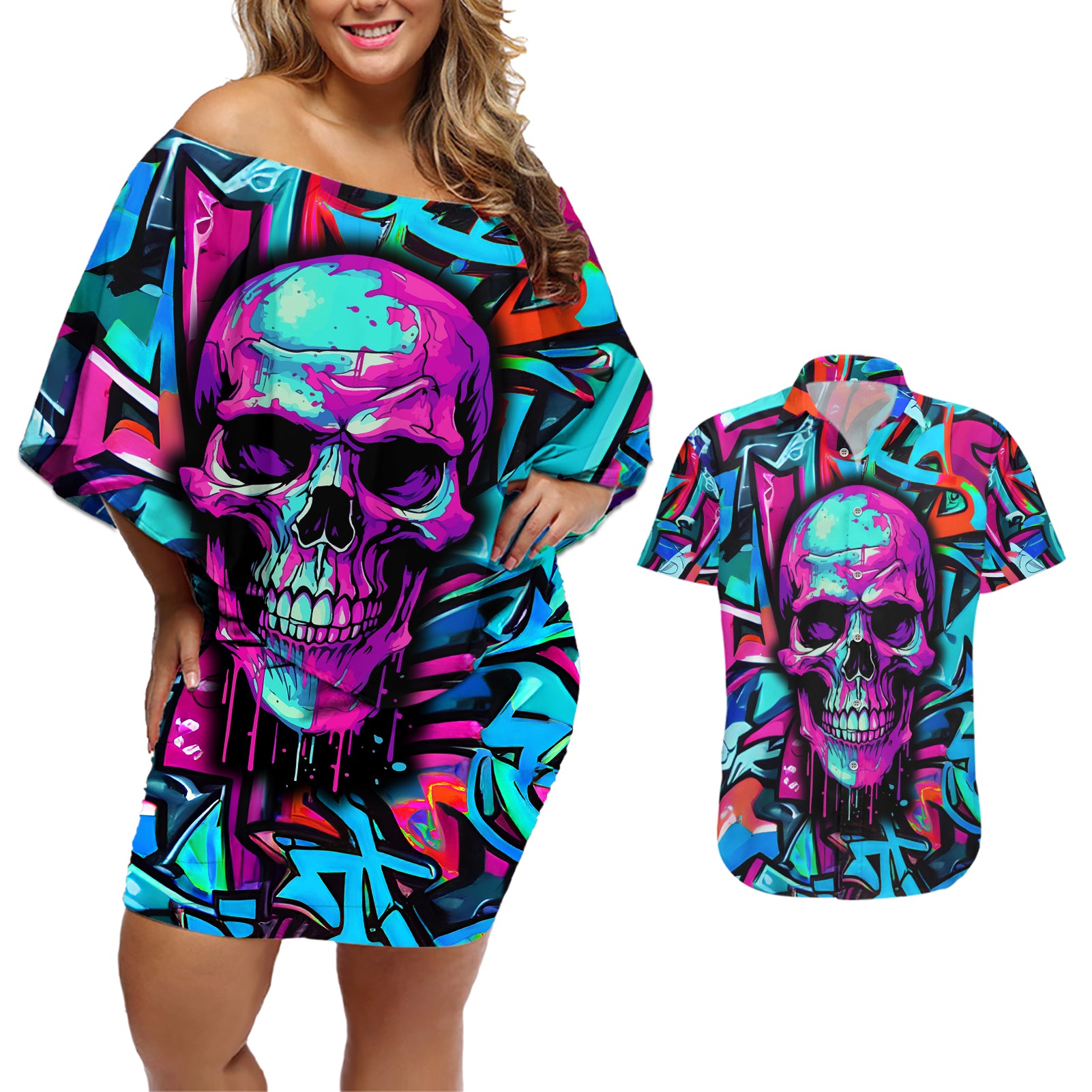Skull Grafity Couples Matching Off Shoulder Short Dress and Hawaiian Shirt You Are Never Too Young To Dream Big - Wonder Print Shop