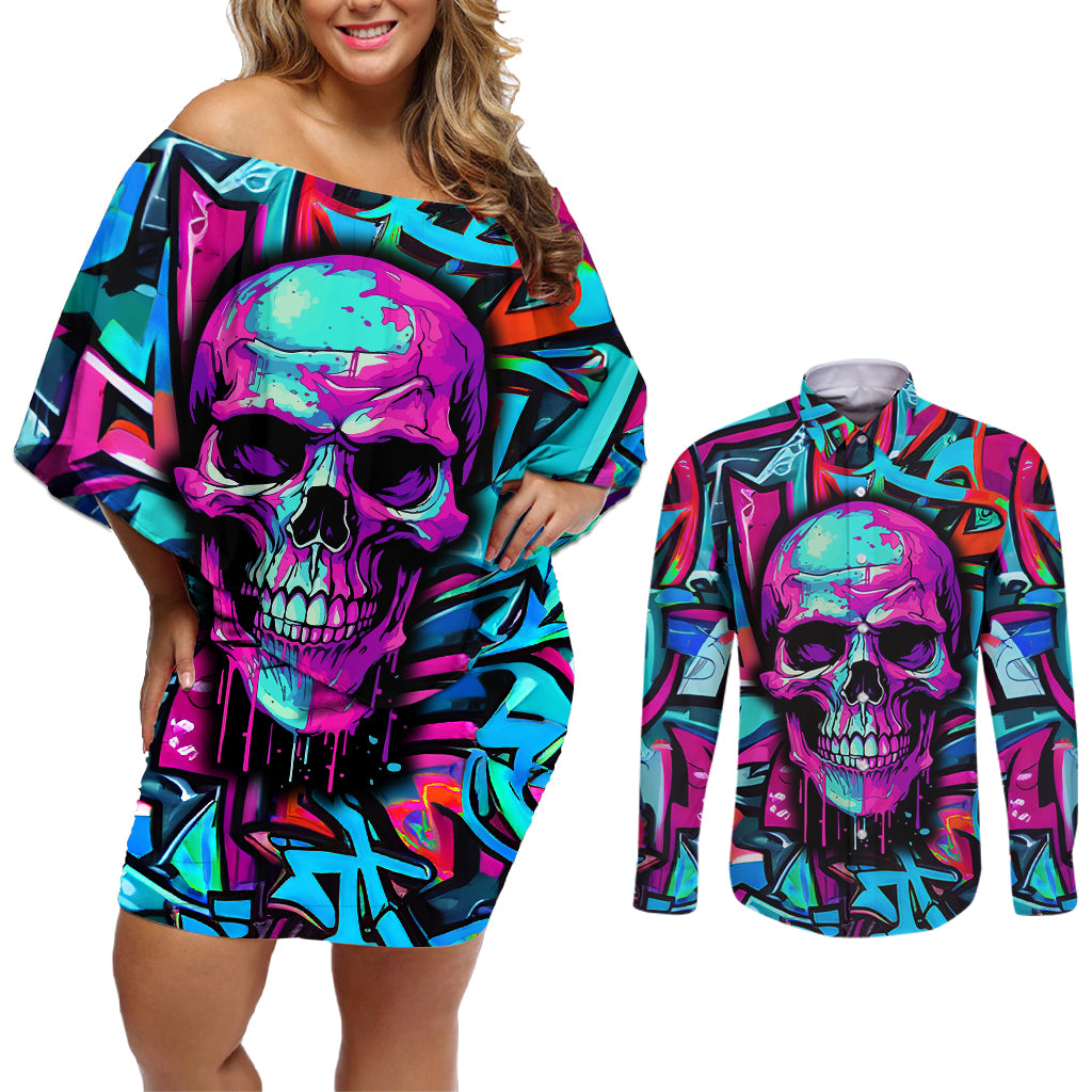 Skull Grafity Couples Matching Off Shoulder Short Dress and Long Sleeve Button Shirts You Are Never Too Young To Dream Big - Wonder Print Shop