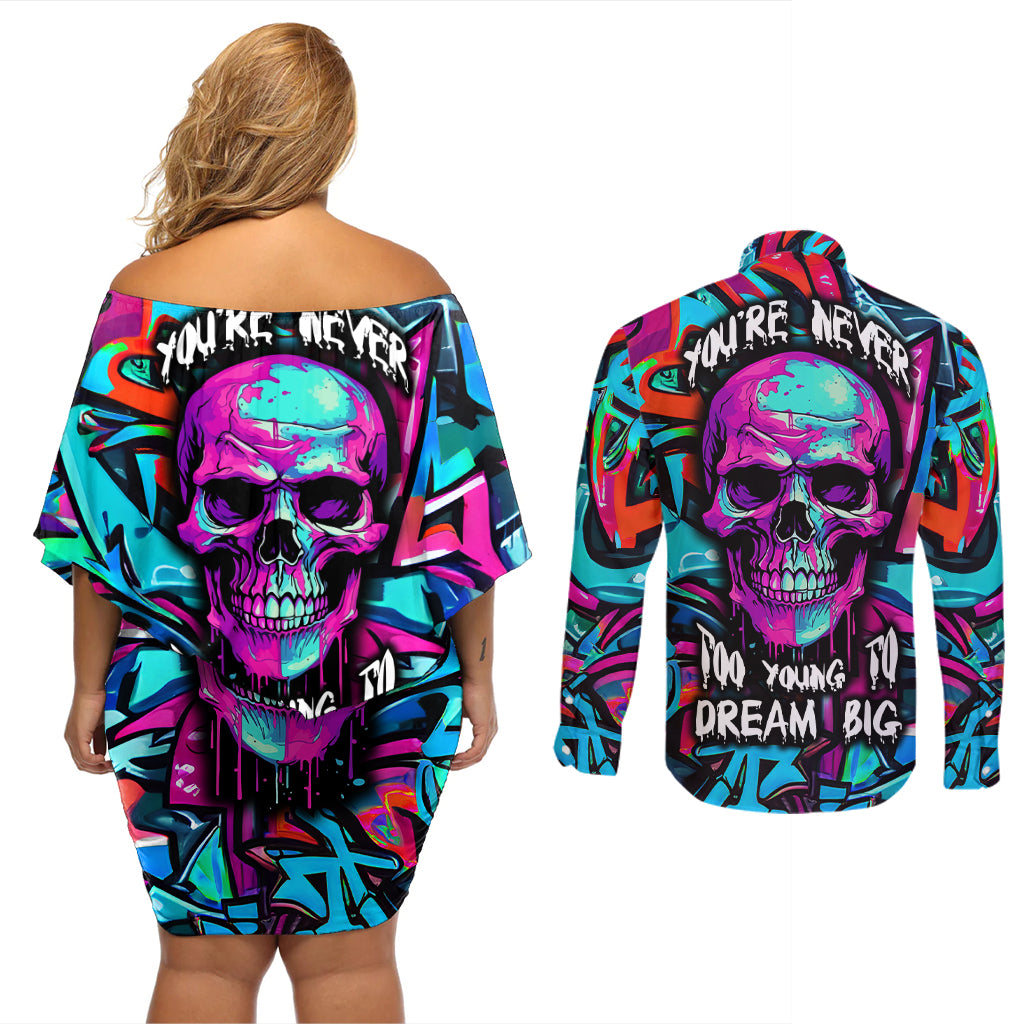 Skull Grafity Couples Matching Off Shoulder Short Dress and Long Sleeve Button Shirts You Are Never Too Young To Dream Big - Wonder Print Shop