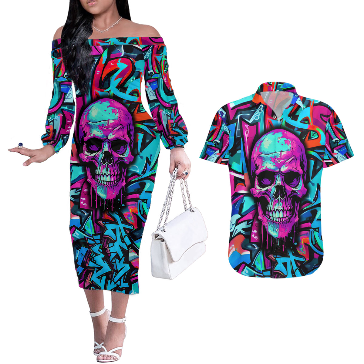Skull Grafity Couples Matching Off The Shoulder Long Sleeve Dress and Hawaiian Shirt You Are Never Too Young To Dream Big - Wonder Print Shop