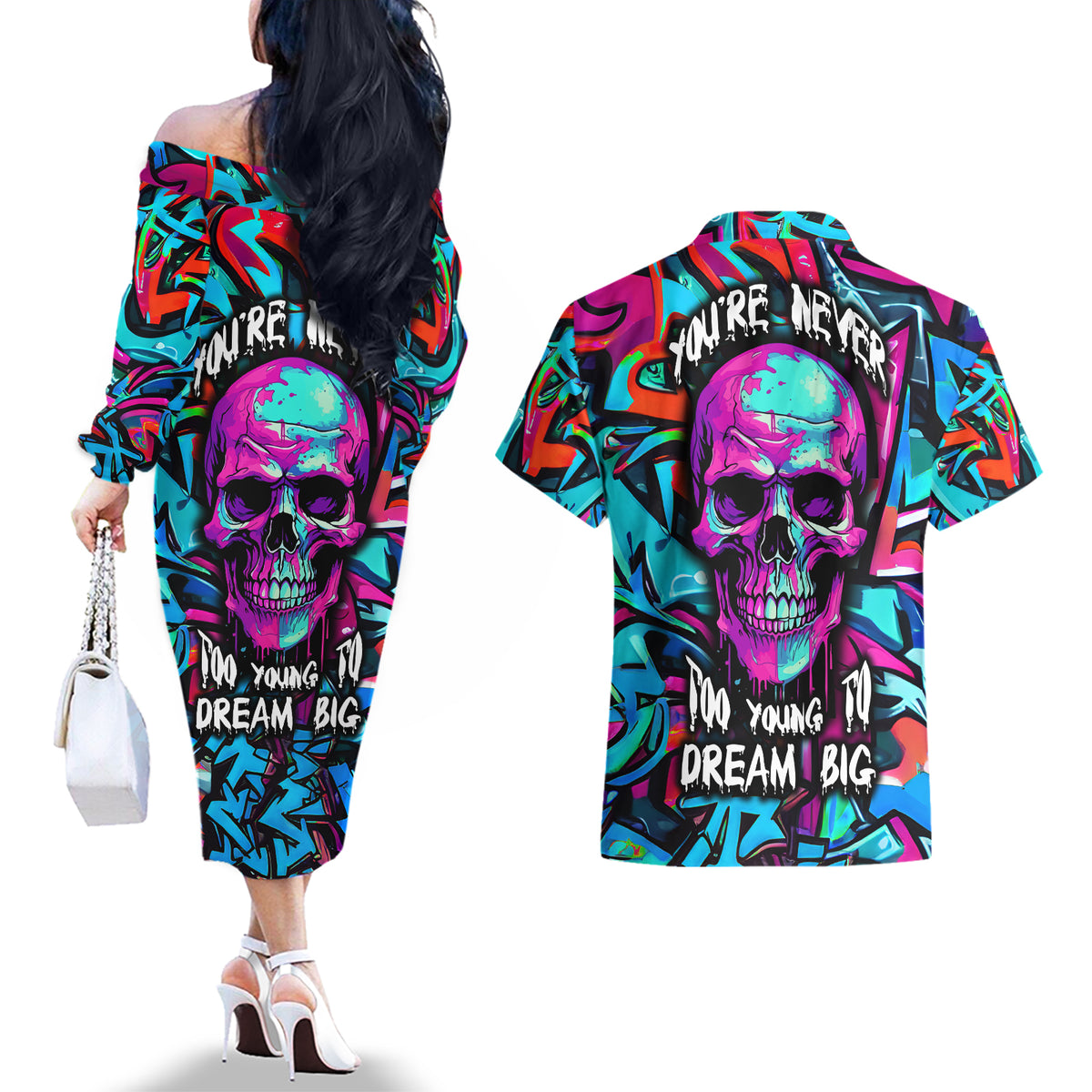 Skull Grafity Couples Matching Off The Shoulder Long Sleeve Dress and Hawaiian Shirt You Are Never Too Young To Dream Big - Wonder Print Shop