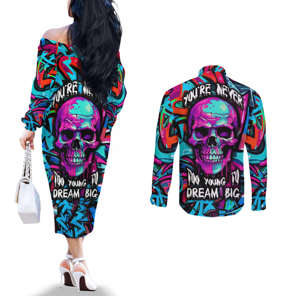 skull-grafity-couples-matching-off-the-shoulder-long-sleeve-dress-and-long-sleeve-button-shirts-you-are-never-too-young-to-dream-big