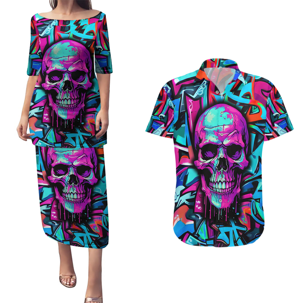Skull Grafity Couples Matching Puletasi Dress and Hawaiian Shirt You Are Never Too Young To Dream Big - Wonder Print Shop