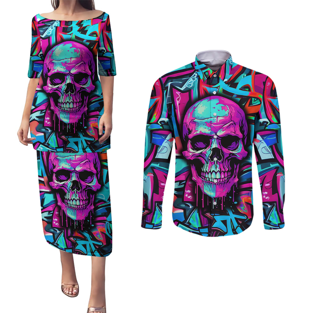 Skull Grafity Couples Matching Puletasi Dress and Long Sleeve Button Shirts You Are Never Too Young To Dream Big - Wonder Print Shop
