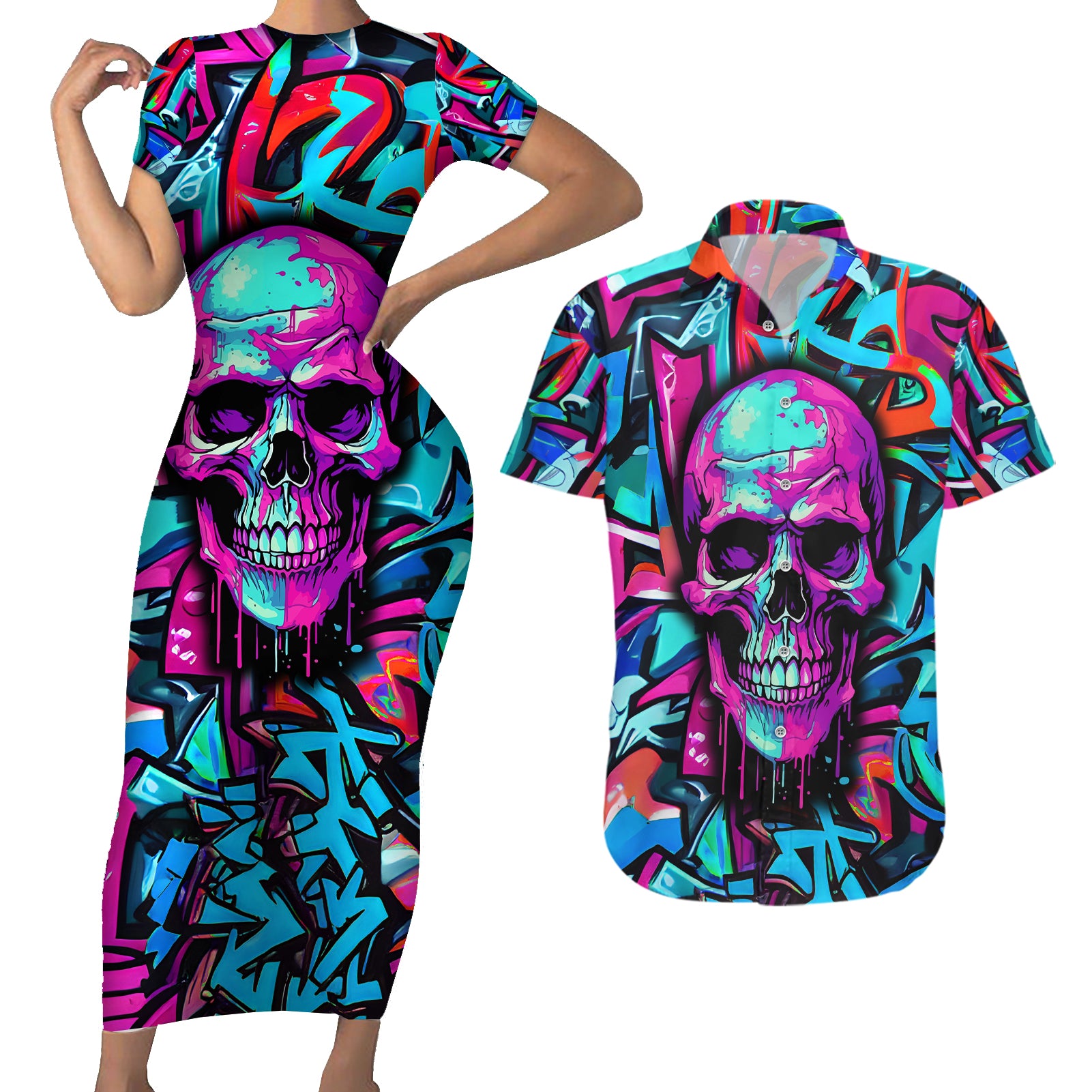 Skull Grafity Couples Matching Short Sleeve Bodycon Dress and Hawaiian Shirt You Are Never Too Young To Dream Big - Wonder Print Shop