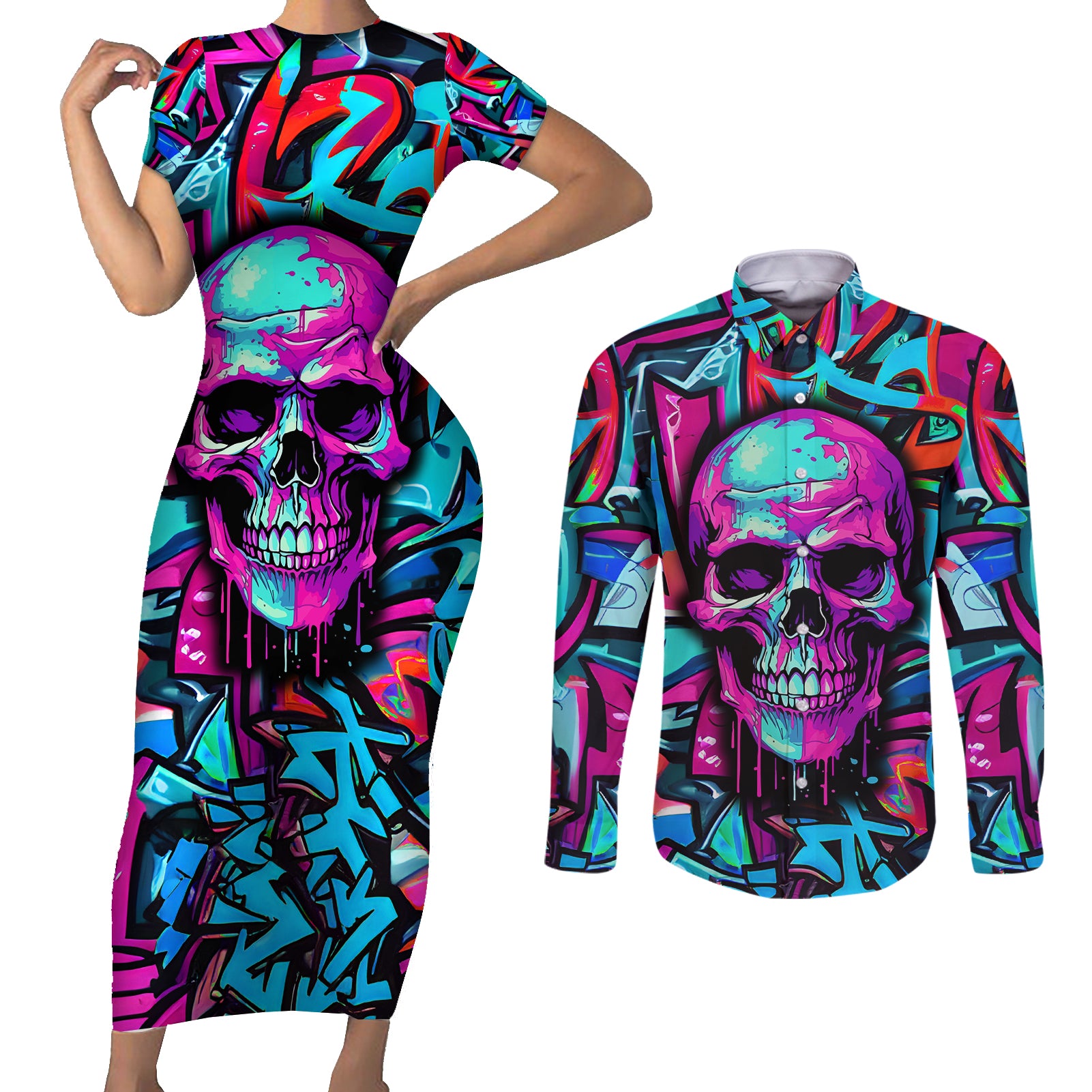 Skull Grafity Couples Matching Short Sleeve Bodycon Dress and Long Sleeve Button Shirts You Are Never Too Young To Dream Big - Wonder Print Shop