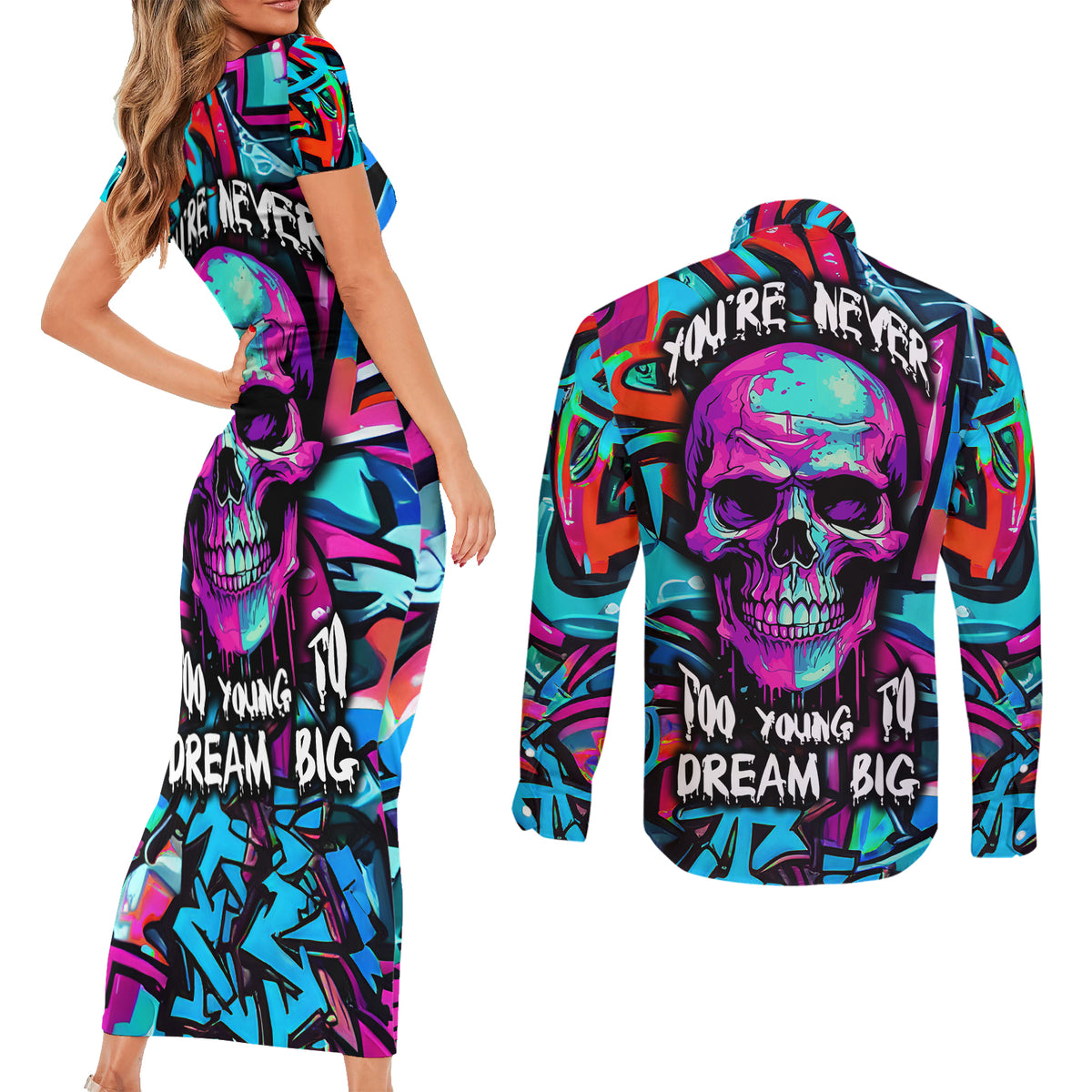 Skull Grafity Couples Matching Short Sleeve Bodycon Dress and Long Sleeve Button Shirts You Are Never Too Young To Dream Big - Wonder Print Shop
