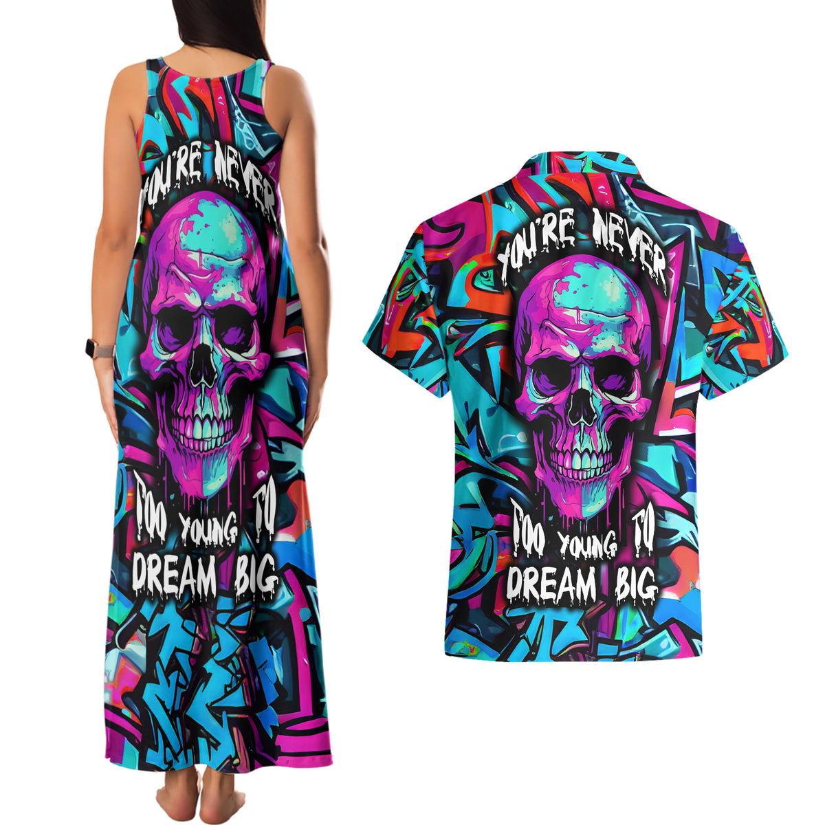Skull Grafity Couples Matching Tank Maxi Dress and Hawaiian Shirt You Are Never Too Young To Dream Big - Wonder Print Shop
