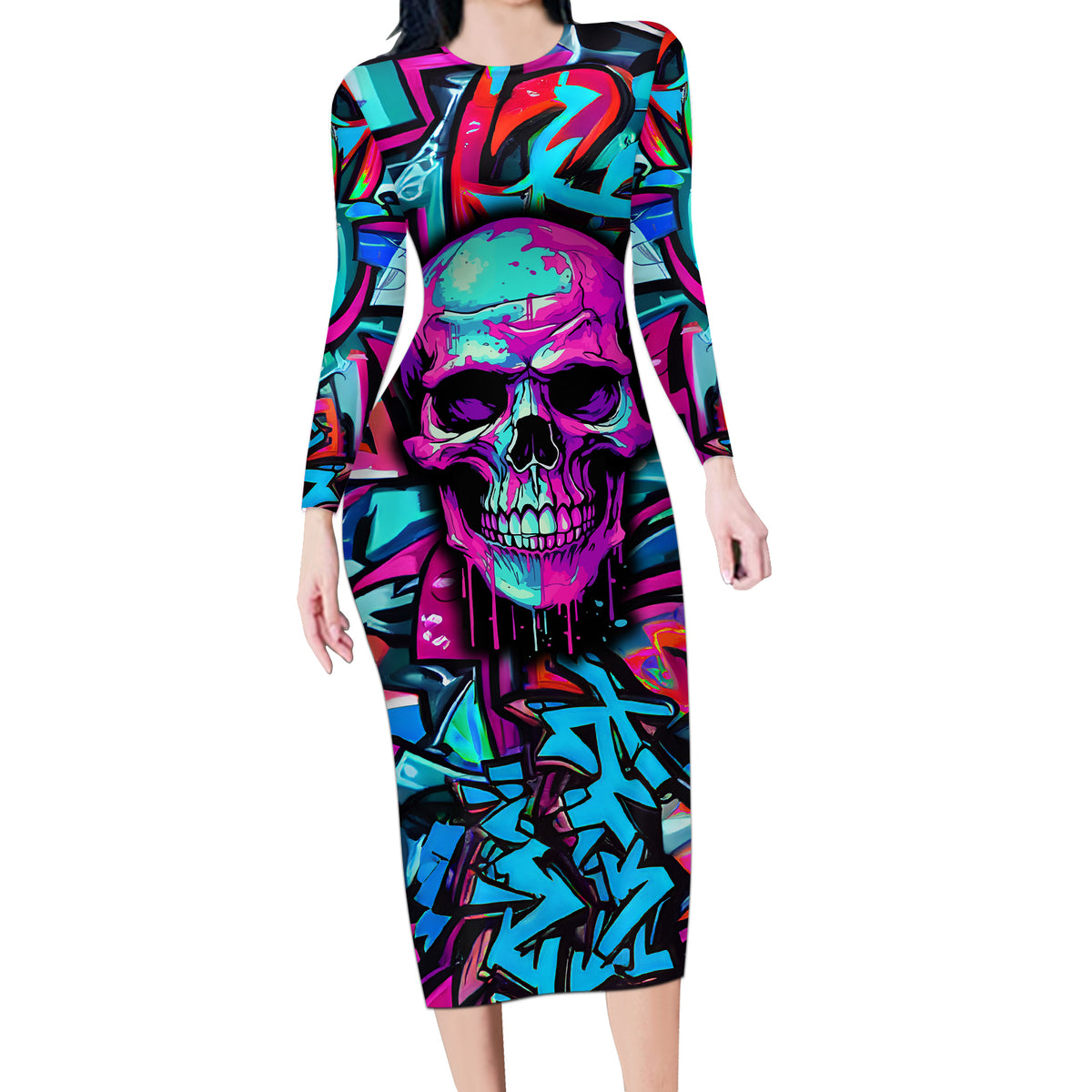 Skull Grafity Long Sleeve Bodycon Dress You Are Never Too Young To Dream Big - Wonder Print Shop