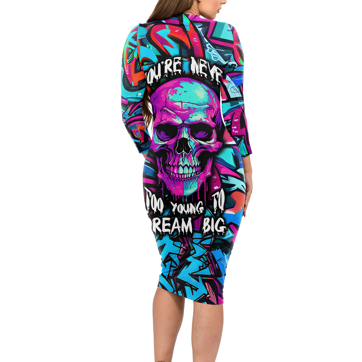 Skull Grafity Long Sleeve Bodycon Dress You Are Never Too Young To Dream Big - Wonder Print Shop