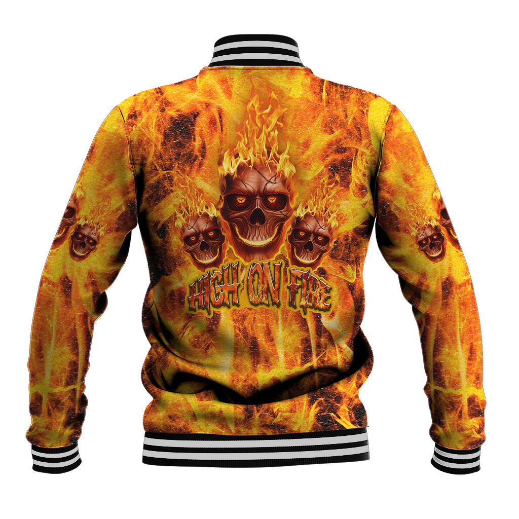 Three Skulls Flaming Baseball Jacket High On Fire - Wonder Print Shop