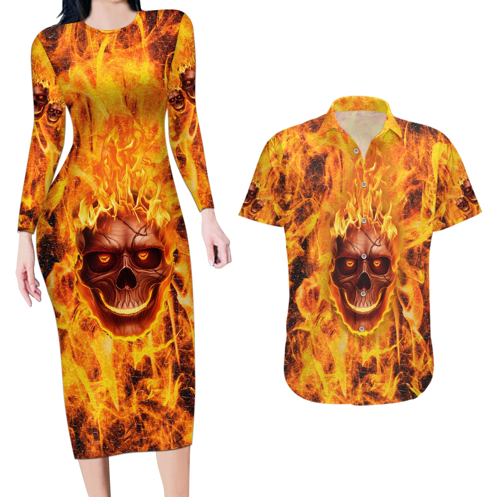 Three Skulls Flaming Couples Matching Long Sleeve Bodycon Dress and Hawaiian Shirt High On Fire - Wonder Print Shop