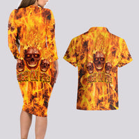 Three Skulls Flaming Couples Matching Long Sleeve Bodycon Dress and Hawaiian Shirt High On Fire - Wonder Print Shop