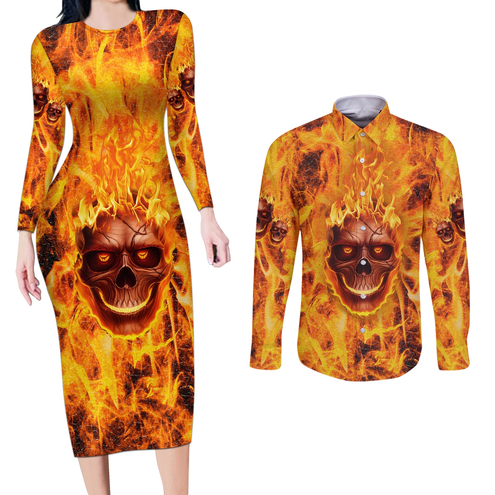 Three Skulls Flaming Couples Matching Long Sleeve Bodycon Dress and Long Sleeve Button Shirts High On Fire - Wonder Print Shop
