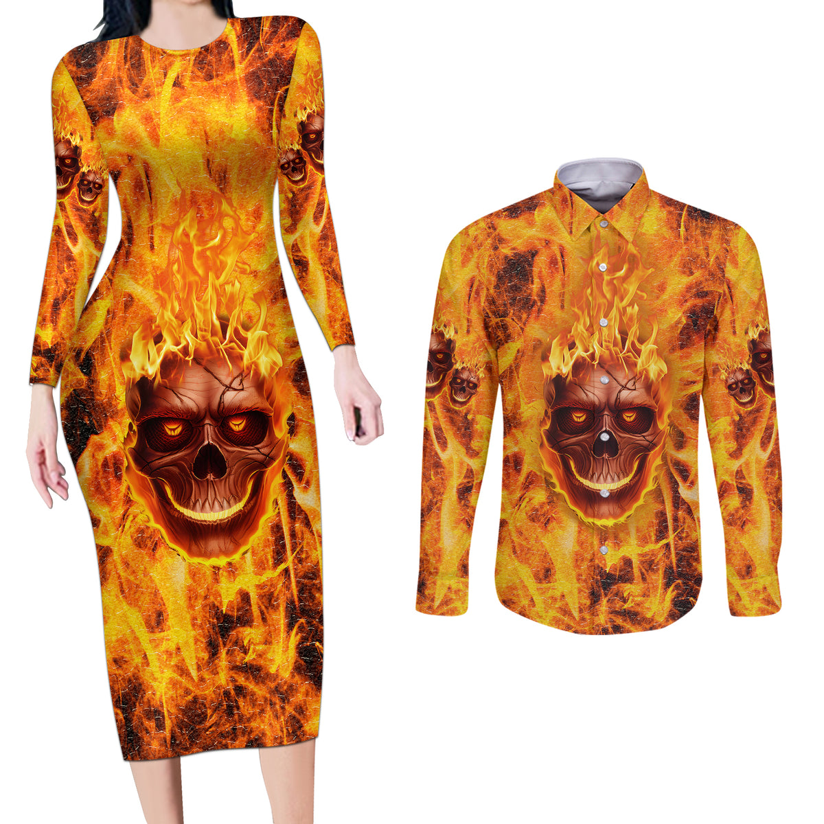 Three Skulls Flaming Couples Matching Long Sleeve Bodycon Dress and Long Sleeve Button Shirts High On Fire - Wonder Print Shop
