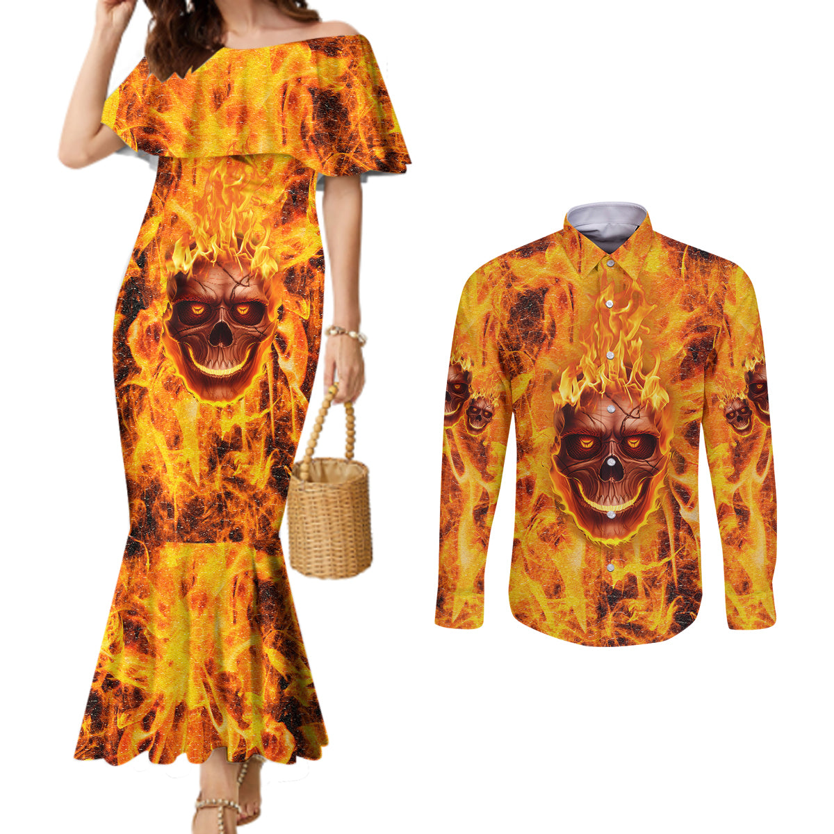 three-skulls-flaming-couples-matching-mermaid-dress-and-long-sleeve-button-shirts-high-on-fire