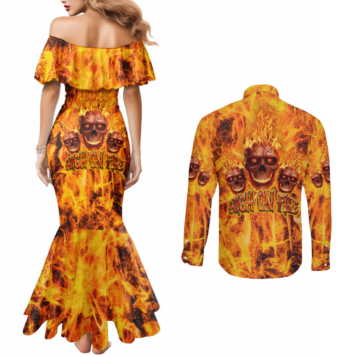 three-skulls-flaming-couples-matching-mermaid-dress-and-long-sleeve-button-shirts-high-on-fire