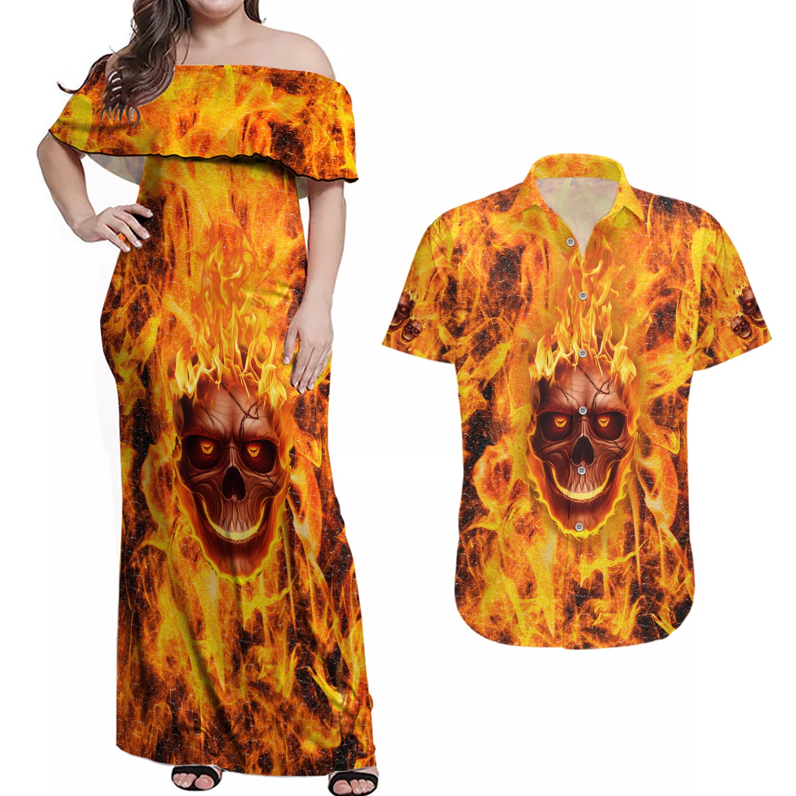 Three Skulls Flaming Couples Matching Off Shoulder Maxi Dress and Hawaiian Shirt High On Fire - Wonder Print Shop