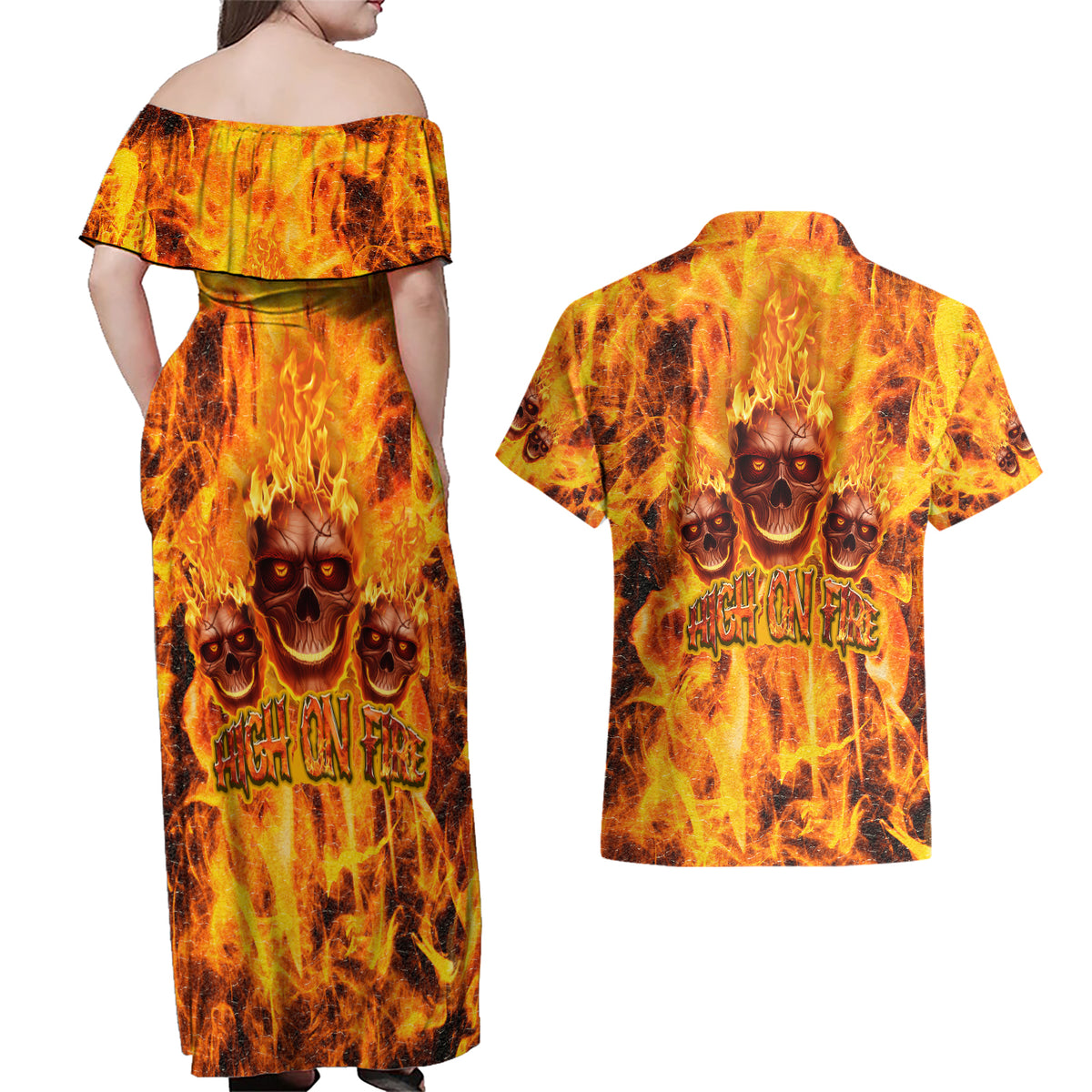 Three Skulls Flaming Couples Matching Off Shoulder Maxi Dress and Hawaiian Shirt High On Fire - Wonder Print Shop