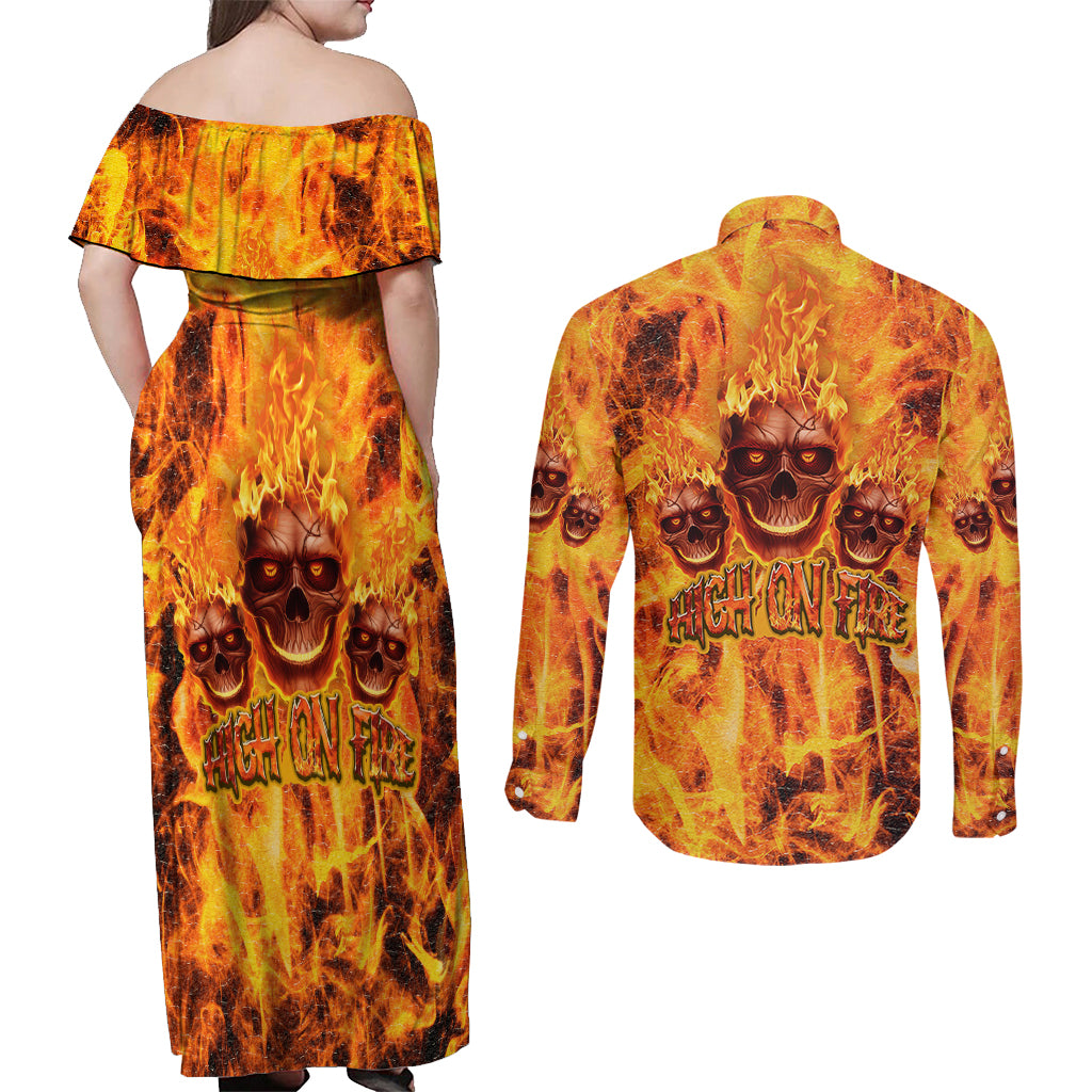 Three Skulls Flaming Couples Matching Off Shoulder Maxi Dress and Long Sleeve Button Shirts High On Fire - Wonder Print Shop