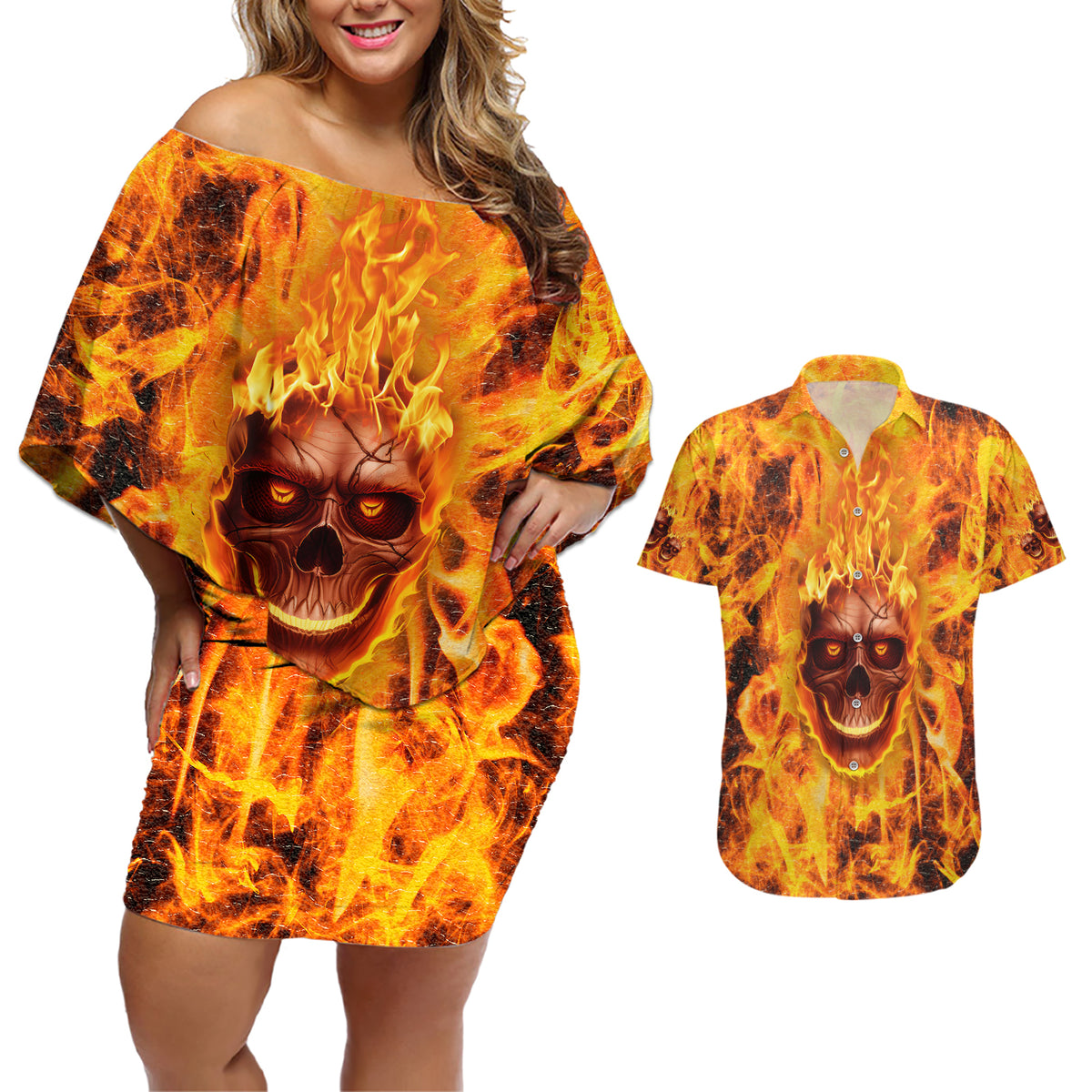 Three Skulls Flaming Couples Matching Off Shoulder Short Dress and Hawaiian Shirt High On Fire - Wonder Print Shop
