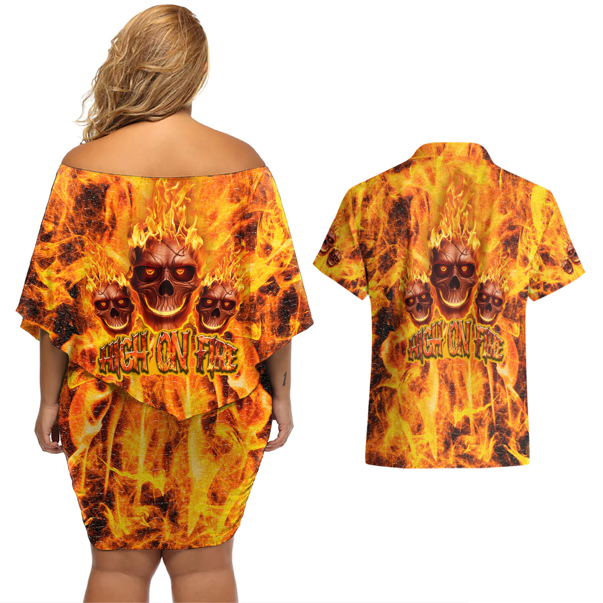 Three Skulls Flaming Couples Matching Off Shoulder Short Dress and Hawaiian Shirt High On Fire - Wonder Print Shop