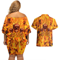 Three Skulls Flaming Couples Matching Off Shoulder Short Dress and Hawaiian Shirt High On Fire - Wonder Print Shop