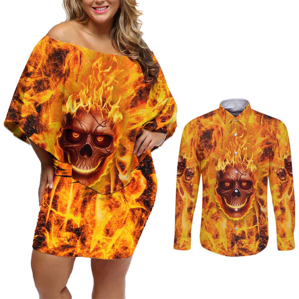 Three Skulls Flaming Couples Matching Off Shoulder Short Dress and Long Sleeve Button Shirts High On Fire - Wonder Print Shop