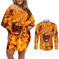 Three Skulls Flaming Couples Matching Off Shoulder Short Dress and Long Sleeve Button Shirts High On Fire - Wonder Print Shop