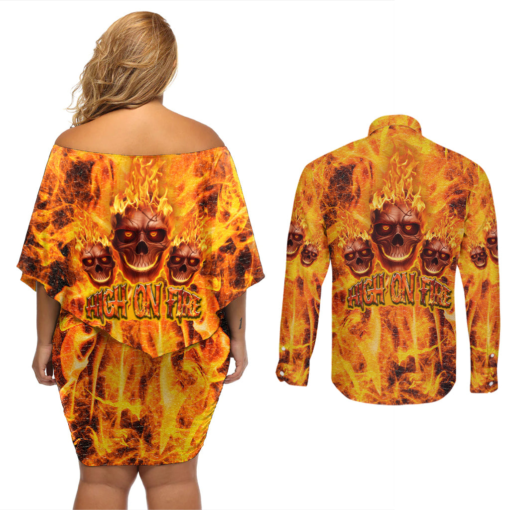 Three Skulls Flaming Couples Matching Off Shoulder Short Dress and Long Sleeve Button Shirts High On Fire - Wonder Print Shop