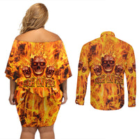 Three Skulls Flaming Couples Matching Off Shoulder Short Dress and Long Sleeve Button Shirts High On Fire - Wonder Print Shop