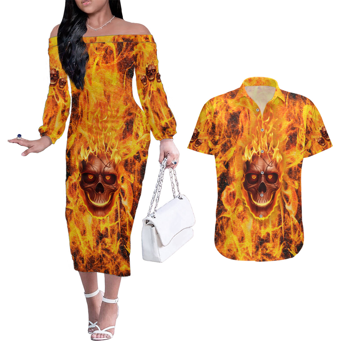 Three Skulls Flaming Couples Matching Off The Shoulder Long Sleeve Dress and Hawaiian Shirt High On Fire - Wonder Print Shop