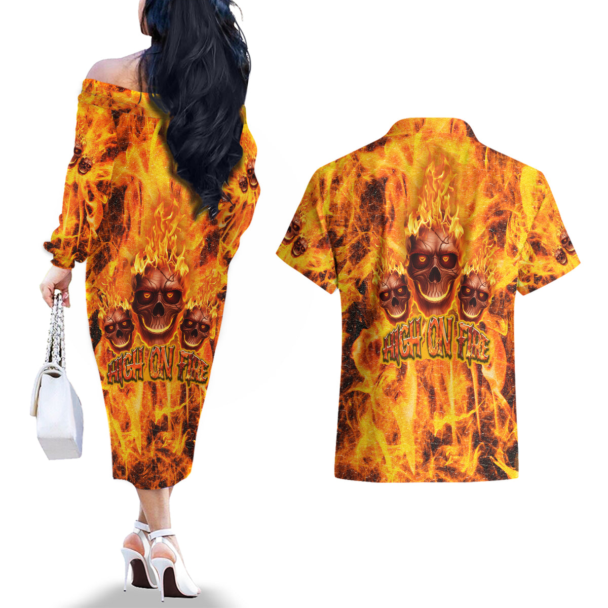 Three Skulls Flaming Couples Matching Off The Shoulder Long Sleeve Dress and Hawaiian Shirt High On Fire - Wonder Print Shop