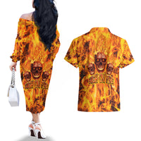 Three Skulls Flaming Couples Matching Off The Shoulder Long Sleeve Dress and Hawaiian Shirt High On Fire - Wonder Print Shop