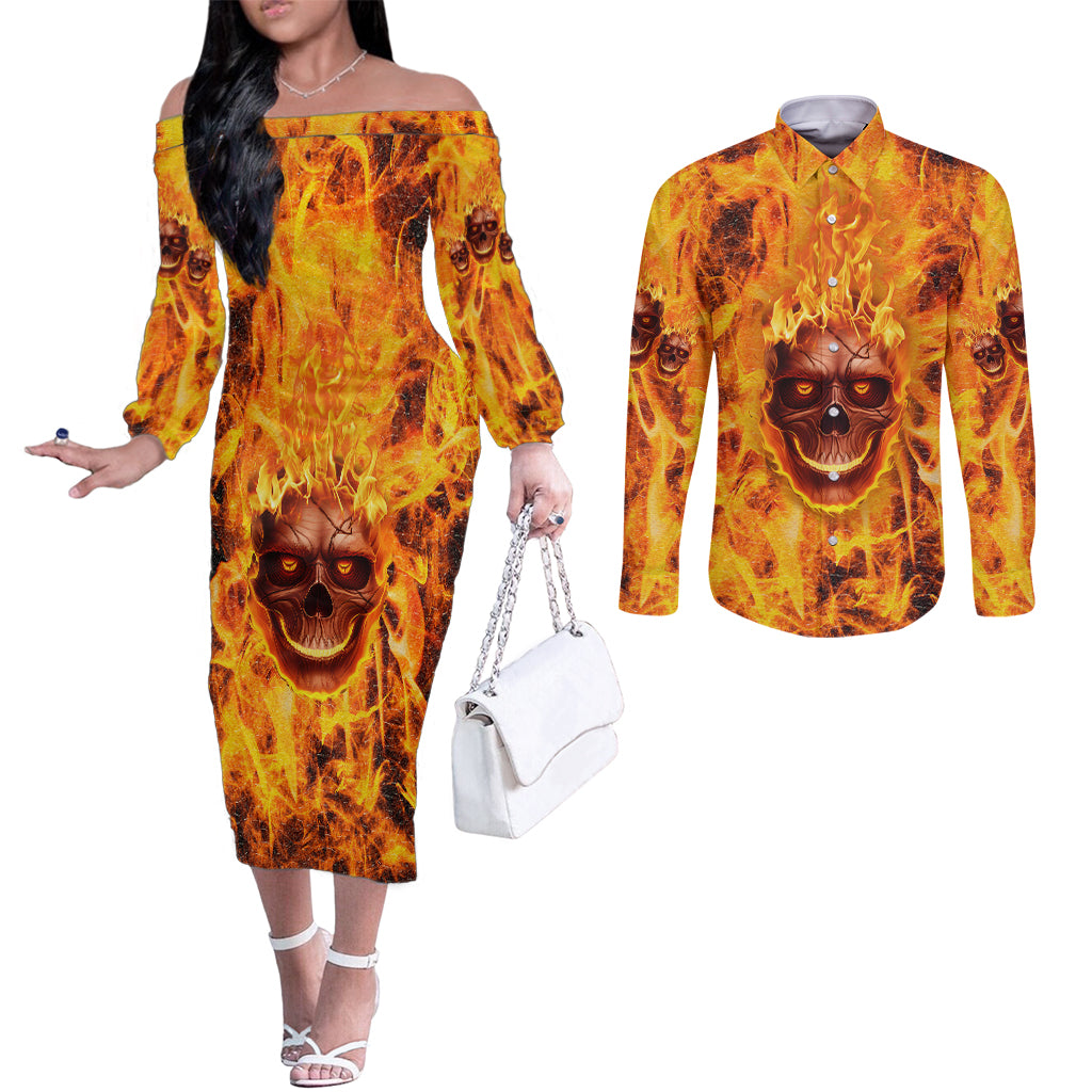 three-skulls-flaming-couples-matching-off-the-shoulder-long-sleeve-dress-and-long-sleeve-button-shirts-high-on-fire