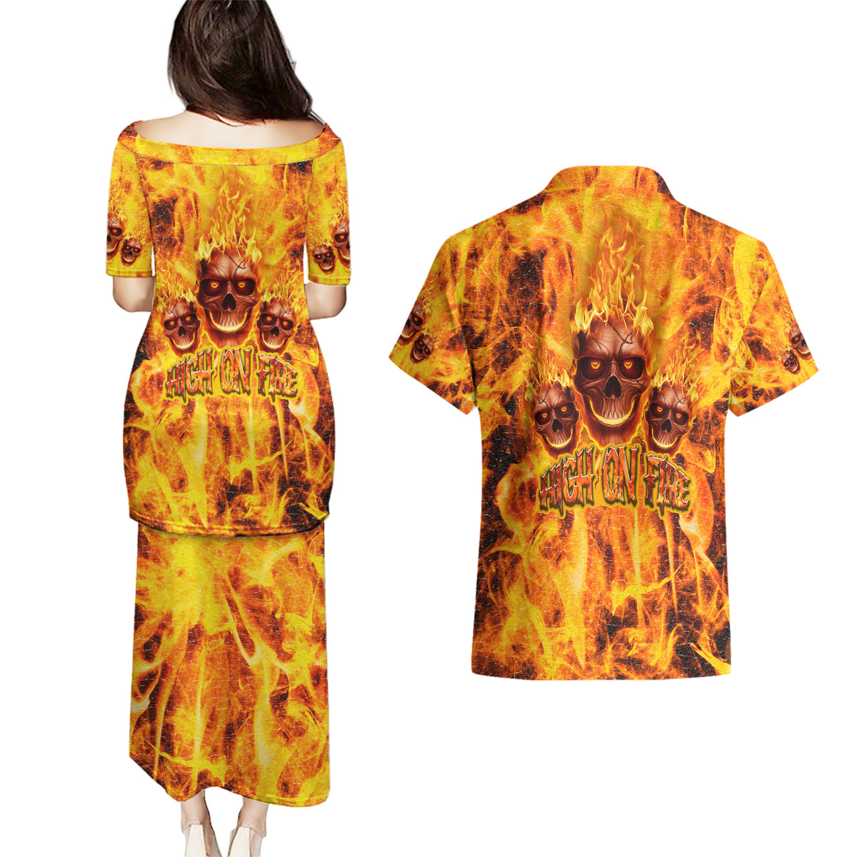 Three Skulls Flaming Couples Matching Puletasi Dress and Hawaiian Shirt High On Fire - Wonder Print Shop