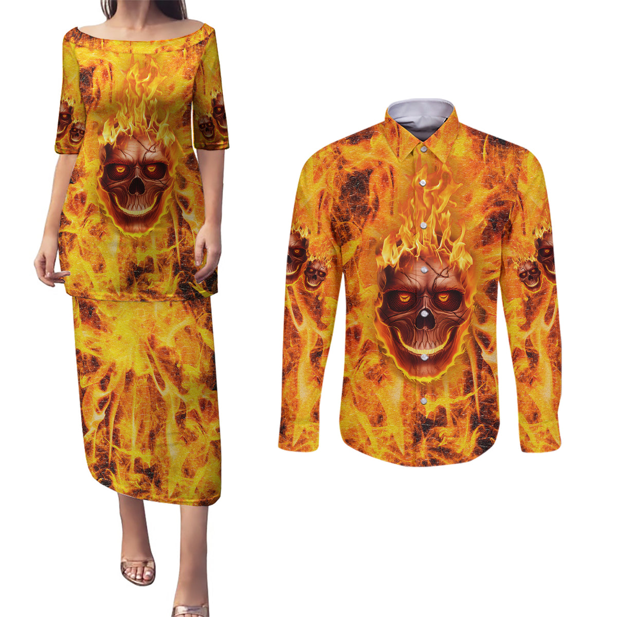 Three Skulls Flaming Couples Matching Puletasi Dress and Long Sleeve Button Shirts High On Fire - Wonder Print Shop