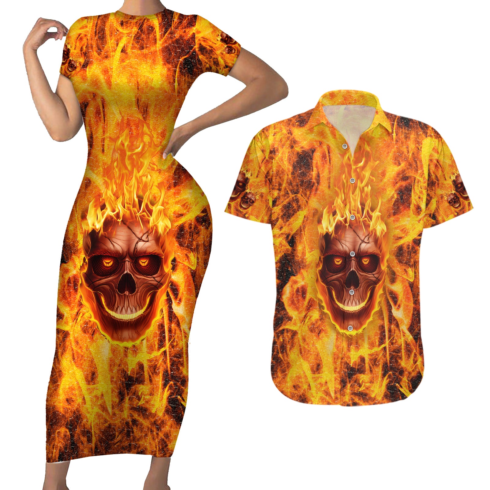 Three Skulls Flaming Couples Matching Short Sleeve Bodycon Dress and Hawaiian Shirt High On Fire - Wonder Print Shop