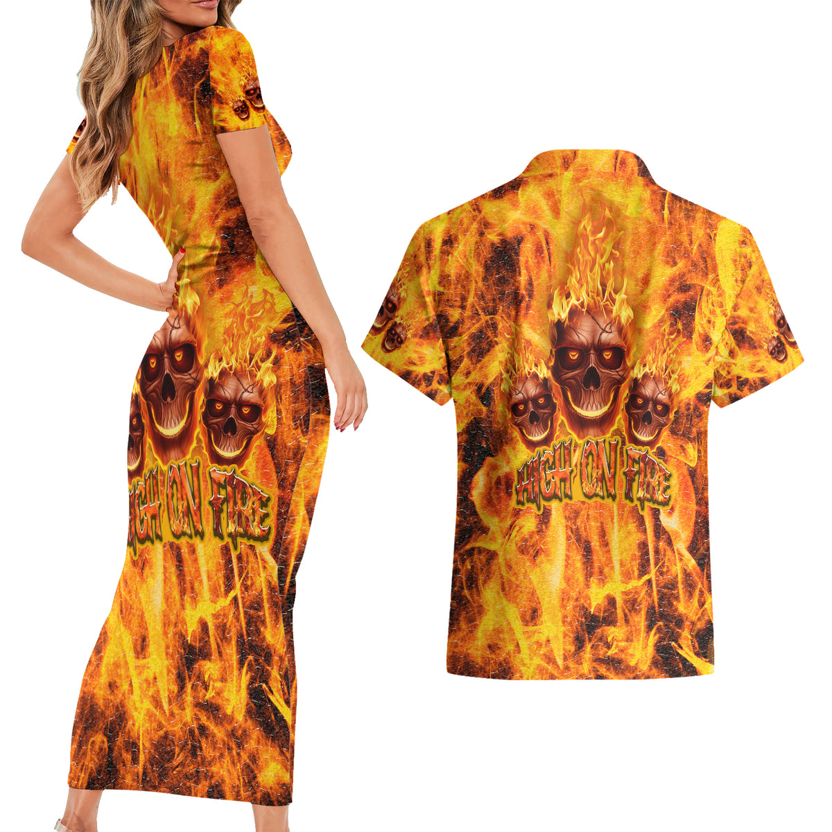 Three Skulls Flaming Couples Matching Short Sleeve Bodycon Dress and Hawaiian Shirt High On Fire - Wonder Print Shop