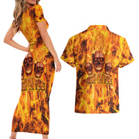 Three Skulls Flaming Couples Matching Short Sleeve Bodycon Dress and Hawaiian Shirt High On Fire - Wonder Print Shop