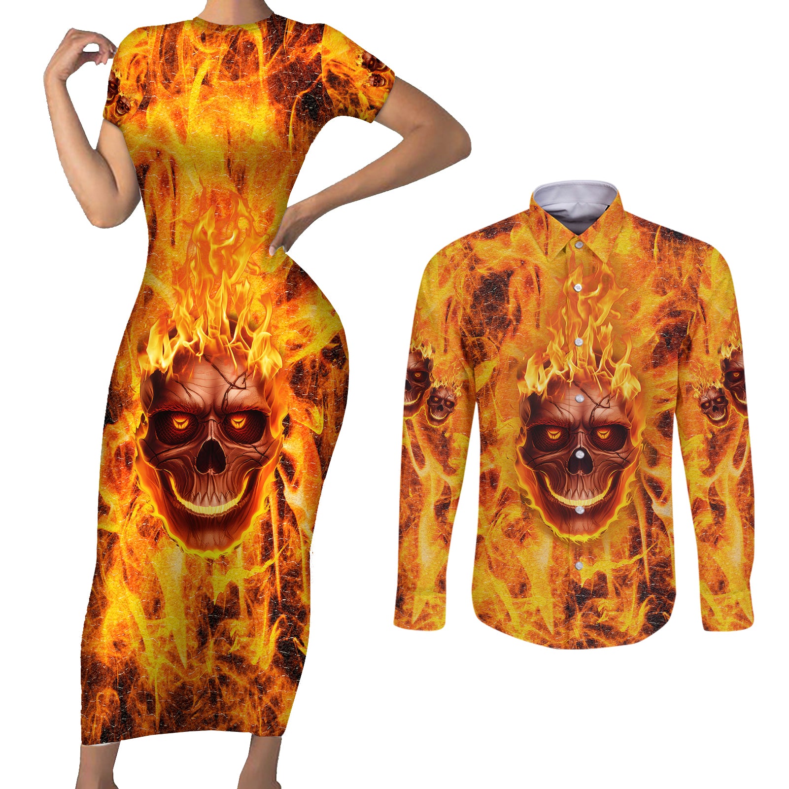 Three Skulls Flaming Couples Matching Short Sleeve Bodycon Dress and Long Sleeve Button Shirts High On Fire - Wonder Print Shop