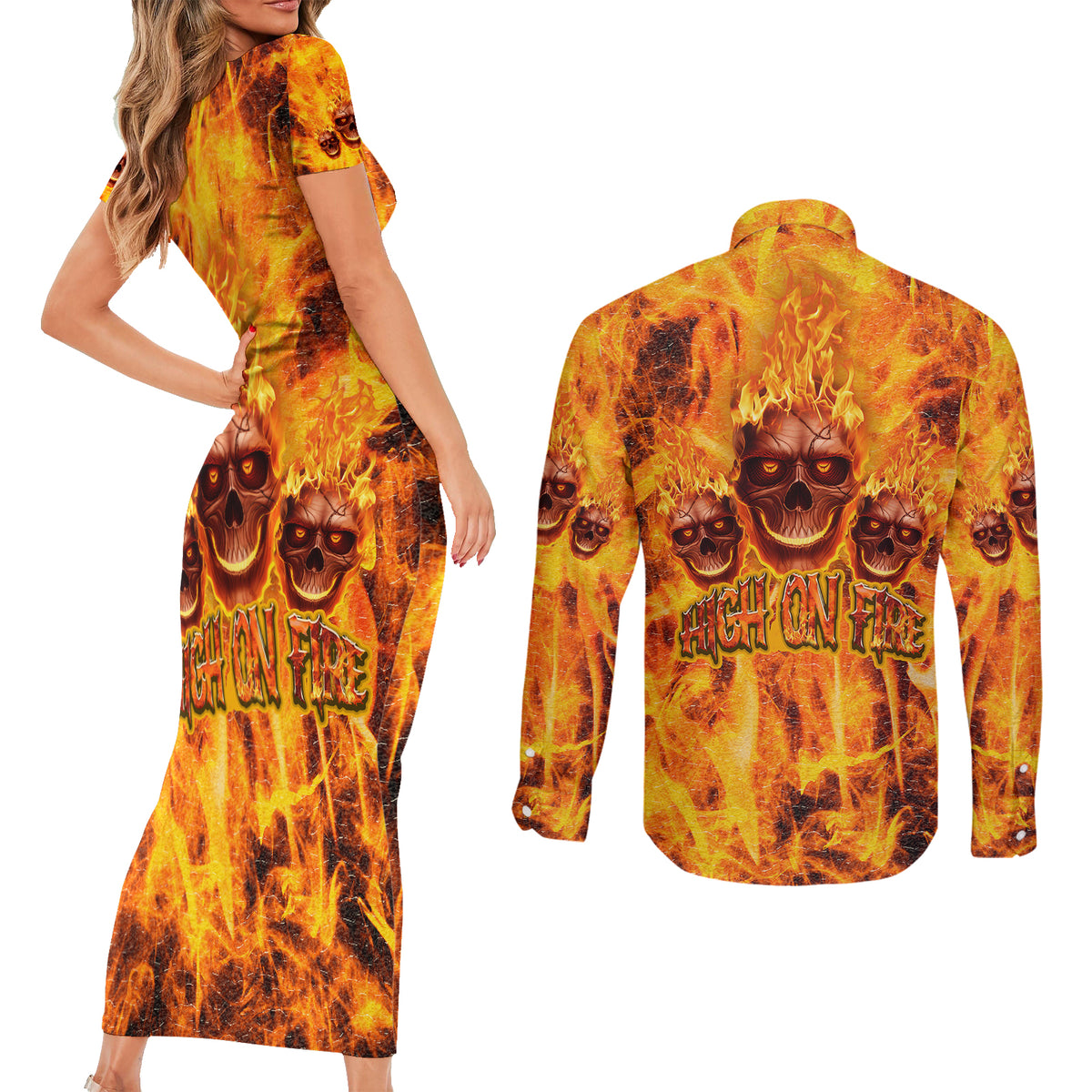 Three Skulls Flaming Couples Matching Short Sleeve Bodycon Dress and Long Sleeve Button Shirts High On Fire - Wonder Print Shop