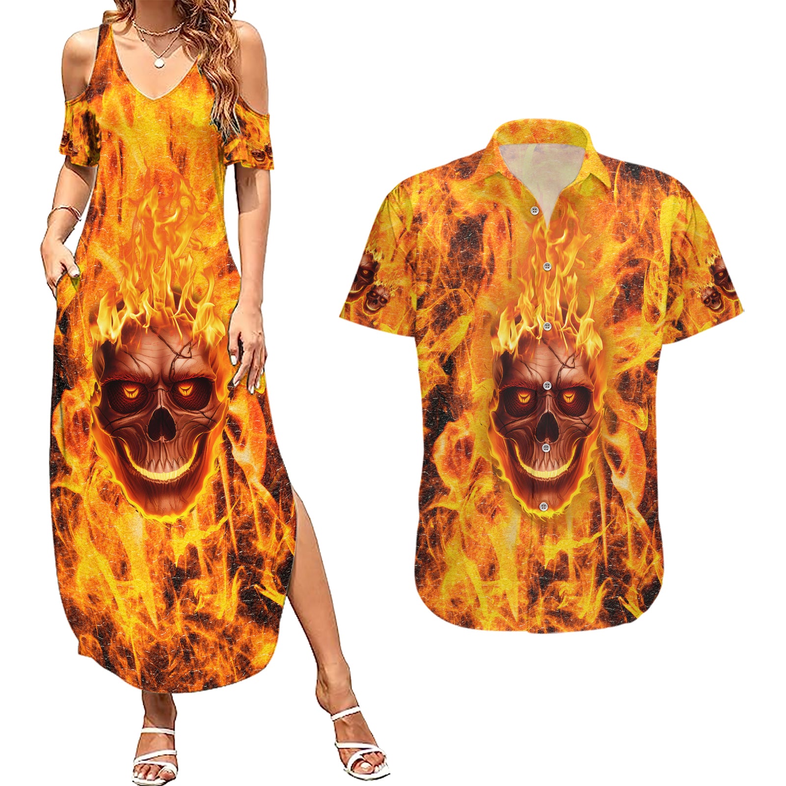 Three Skulls Flaming Couples Matching Summer Maxi Dress and Hawaiian Shirt High On Fire - Wonder Print Shop