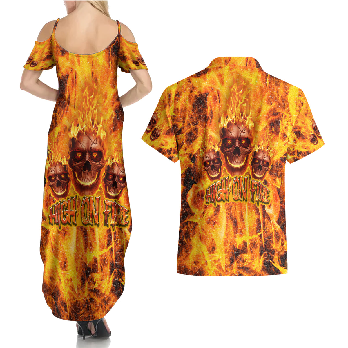 Three Skulls Flaming Couples Matching Summer Maxi Dress and Hawaiian Shirt High On Fire - Wonder Print Shop