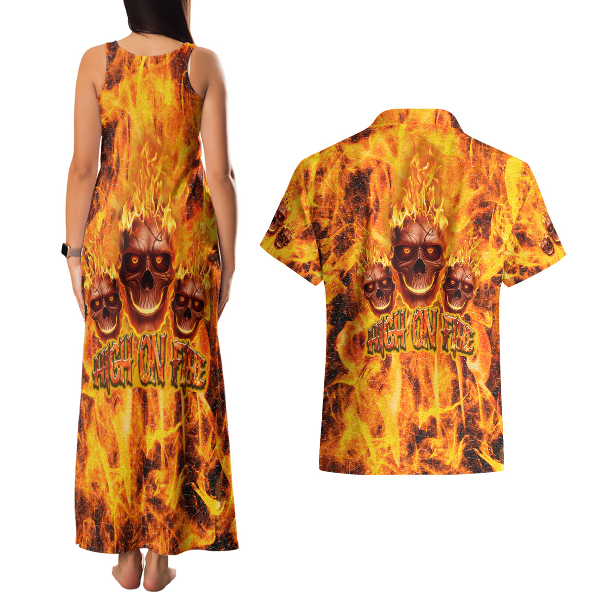 Three Skulls Flaming Couples Matching Tank Maxi Dress and Hawaiian Shirt High On Fire - Wonder Print Shop