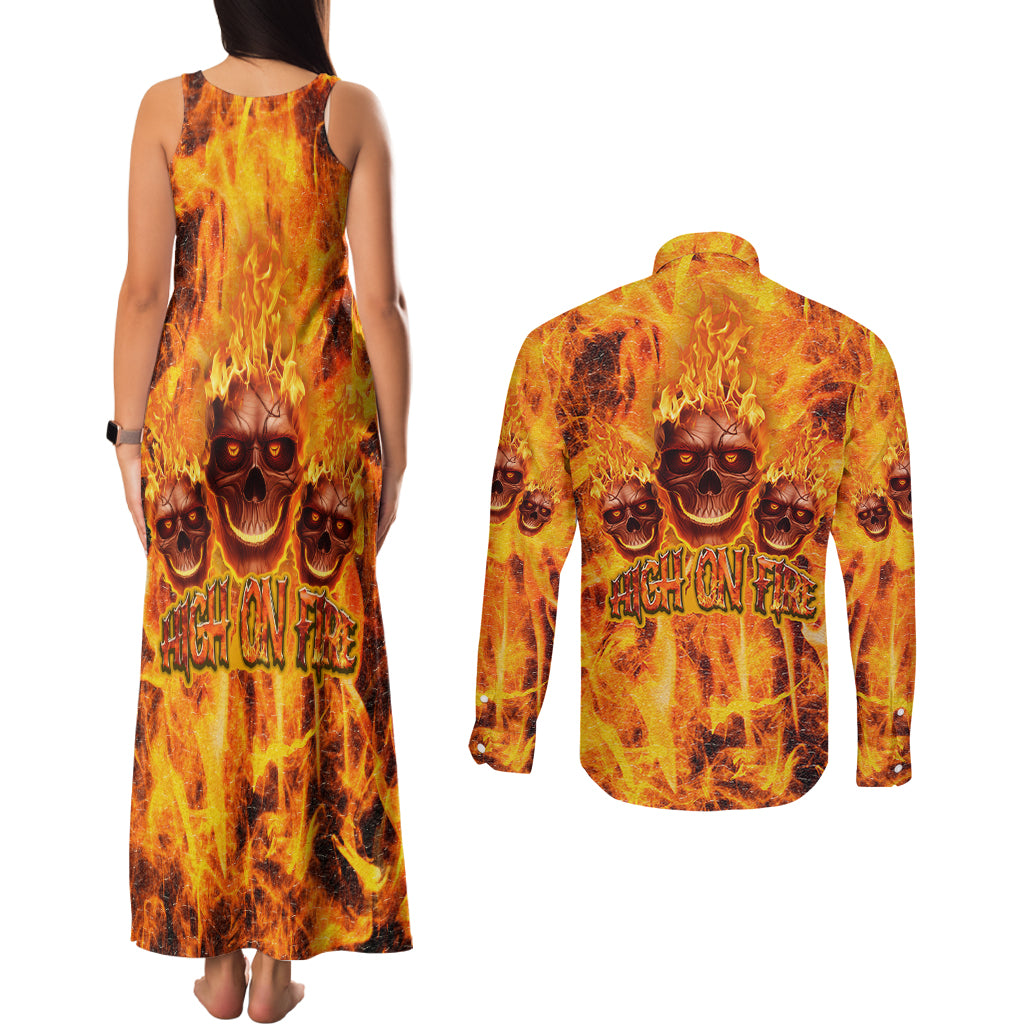 Three Skulls Flaming Couples Matching Tank Maxi Dress and Long Sleeve Button Shirts High On Fire - Wonder Print Shop