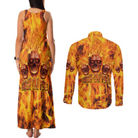 Three Skulls Flaming Couples Matching Tank Maxi Dress and Long Sleeve Button Shirts High On Fire - Wonder Print Shop