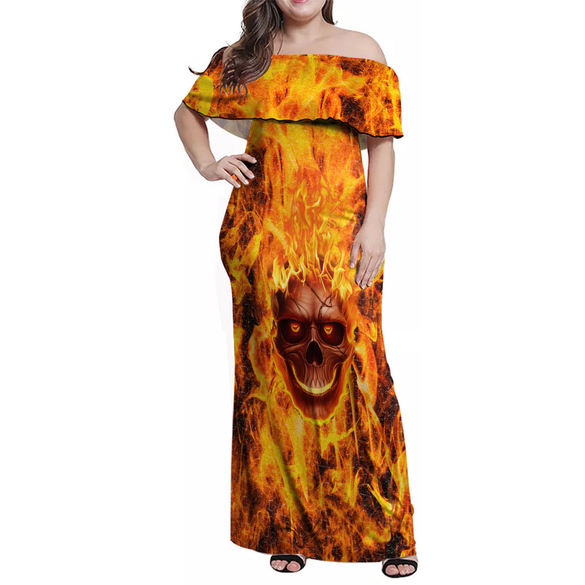 Three Skulls Flaming Family Matching Off Shoulder Maxi Dress and Hawaiian Shirt High On Fire - Wonder Print Shop